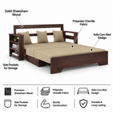 Foster Solid Sheesham Wood 3 Seater Sofa Cum Bed With Side Pockets - 3 Years Warranty