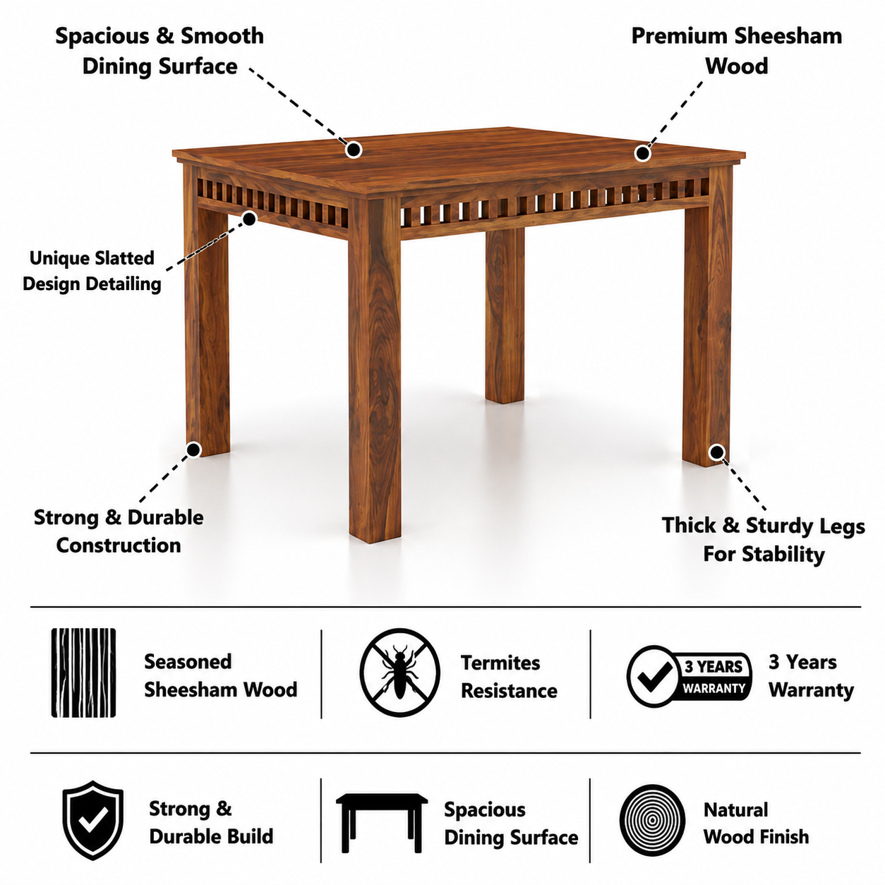 Armania Solid Sheesham Wood 4 Seater Dining Table - 3 years Warranty features