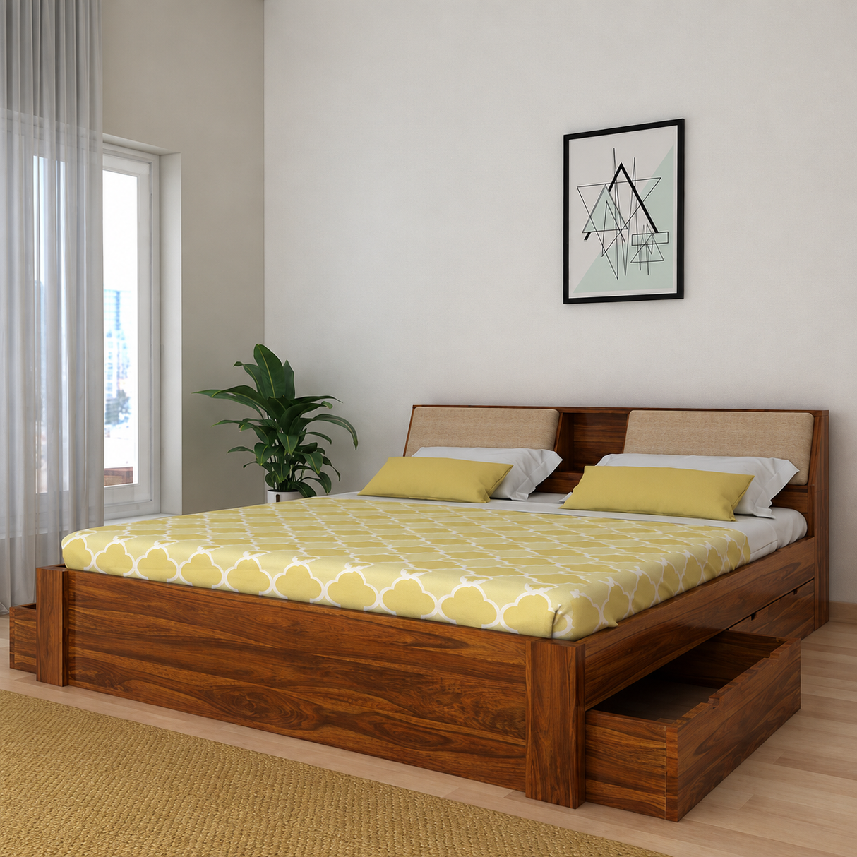 Mayor Solid Sheesham Wood Bed with Four Drawer Storage - 3 Years Warranty