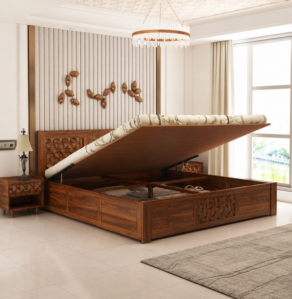 Raj Solid Sheesham Wood Bed With Hydraulic Storage - 3 Years Warranty
