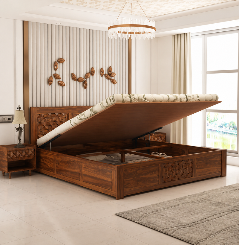 Raj Solid Sheesham Wood Bed With Hydraulic Storage - 3 Years Warranty