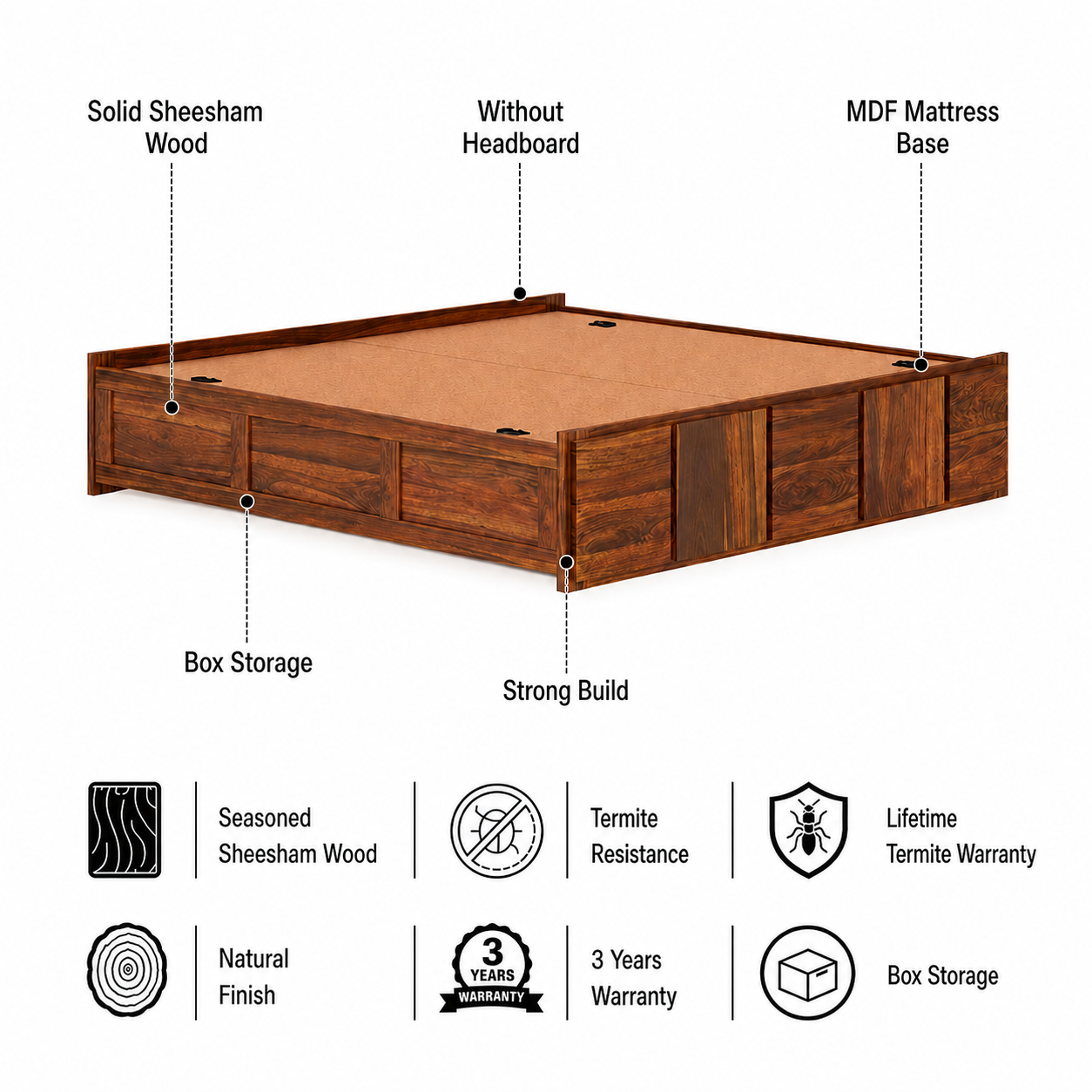 Scott Solid Sheesham Wood Bed With Box Storage Without Headboard - 3 years Warranty features