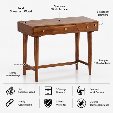 Mercy Solid Sheesham Wood Study Desk/Laptop Table - 3 Years Warranty
