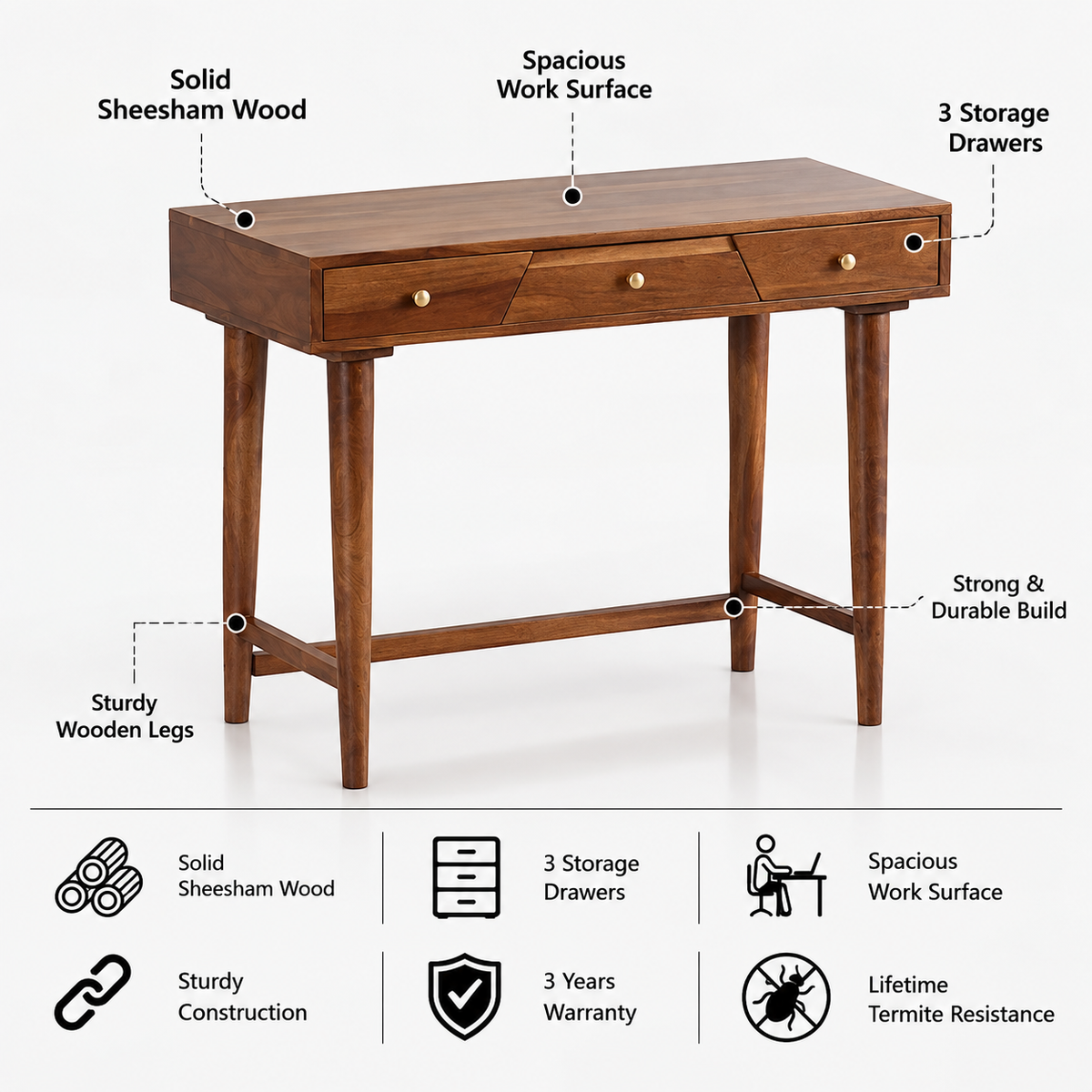Mercy Solid Sheesham Wood Study Desk/Laptop Table - 3 Years Warranty features