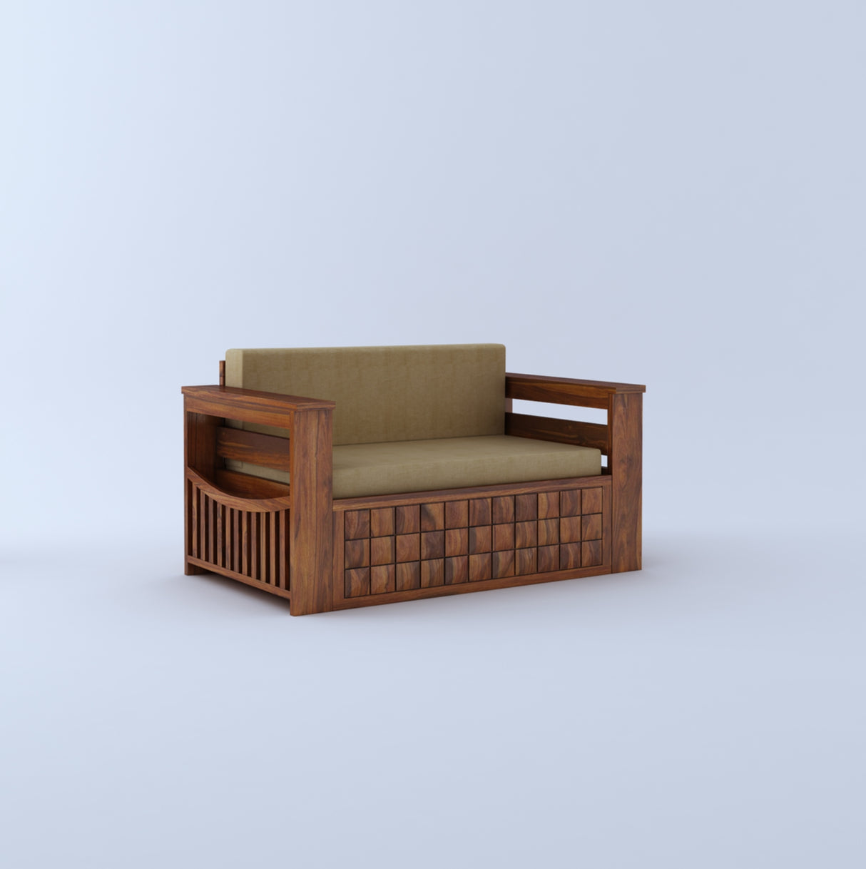 OSLO Solid Sheesham Wood 2 Seater Sofa Cum Bed With Headboard and Mini Storage - 3 Years Warranty