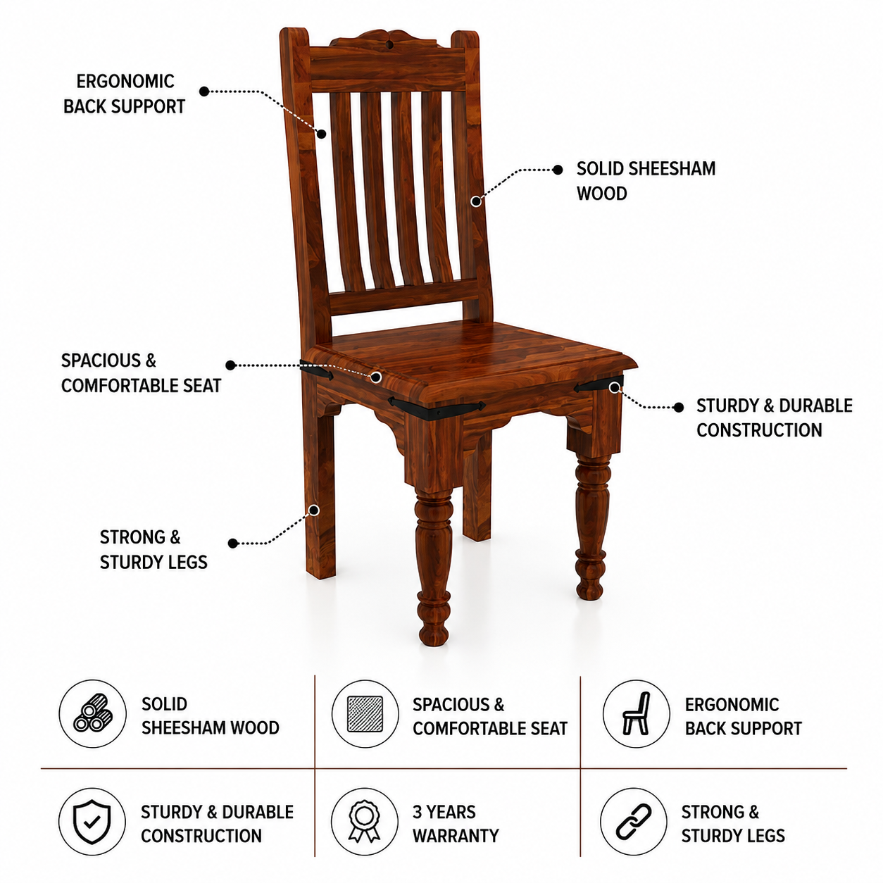 Akon Solid Sheesham Wood Dining Chair - 3 Years Warranty features