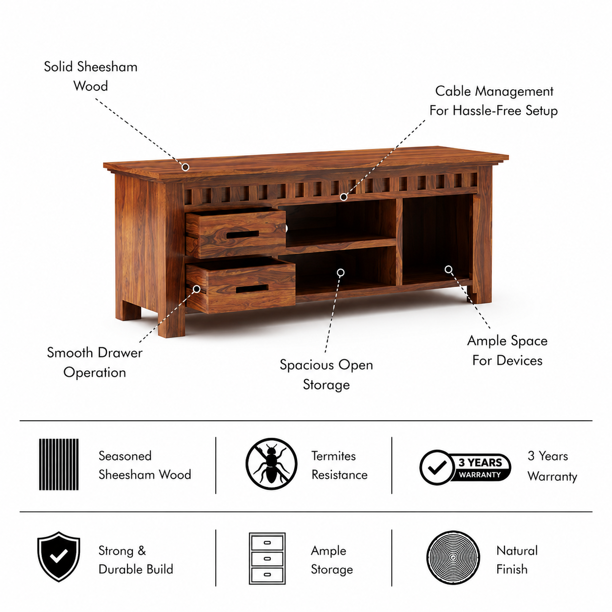 Armania Solid Sheesham Wood TV Unit - 3 Years Warranty features