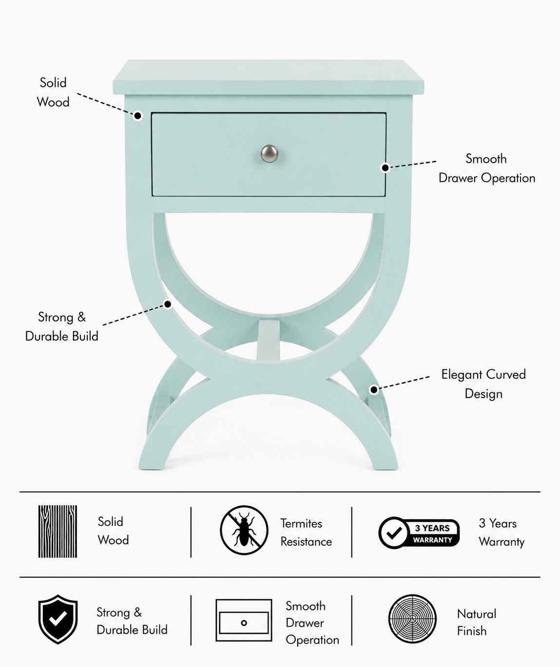 EGYPT Solid Sheesham Wood Bedside Table - 3 Years Warranty (LUXE EDITION) features