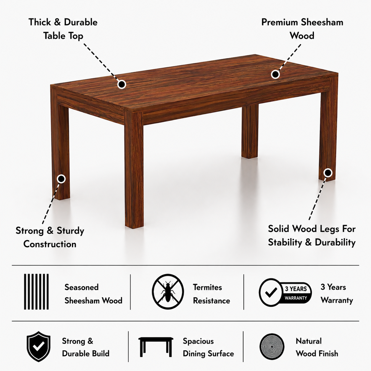 Mark Solid Sheesham Wood 6 Seater Dining Table - 3 Years Warranty features