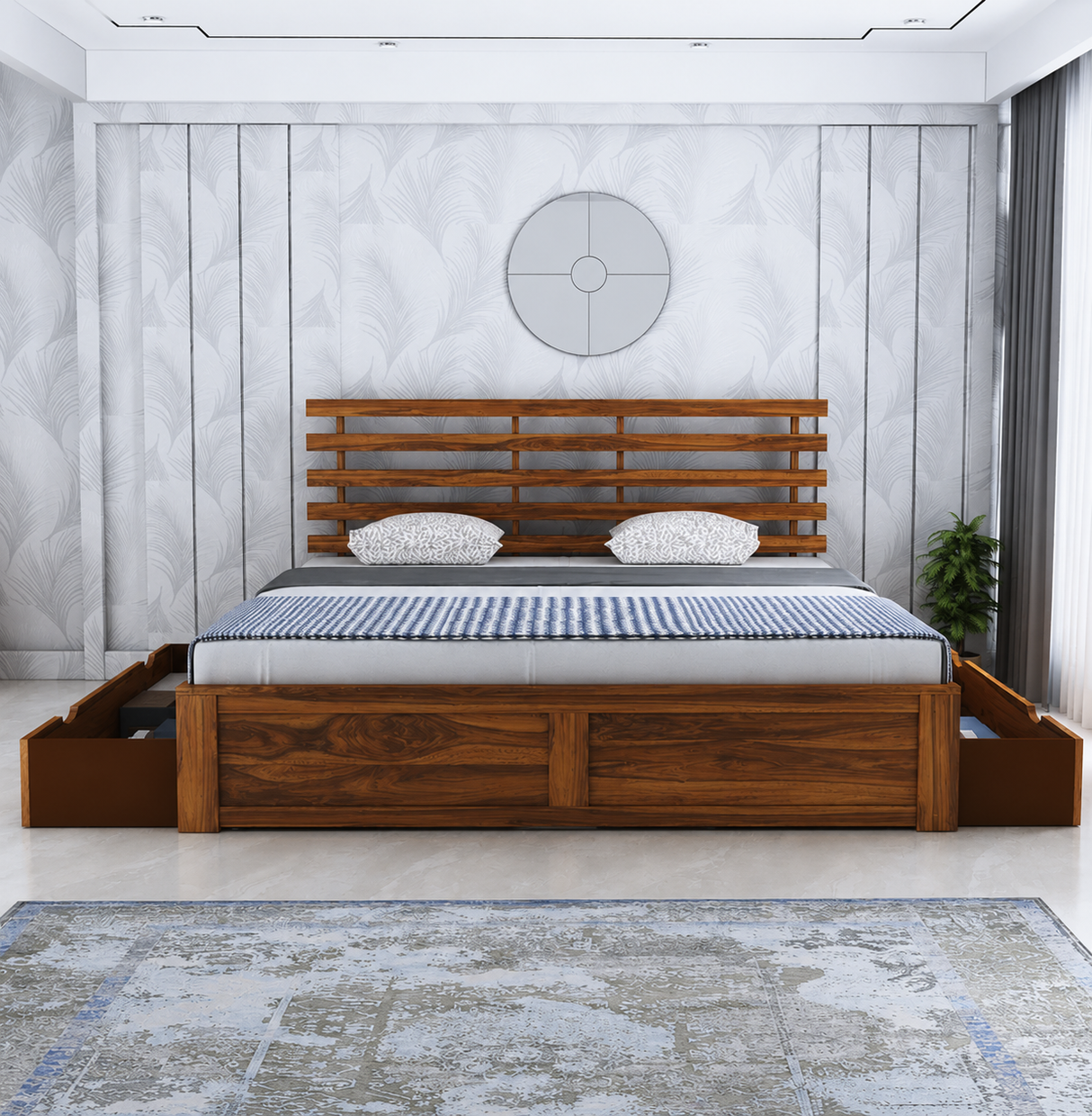 Strap Solid Sheesham Wood Bed With Two Drawer Storage - 3 Years Warranty