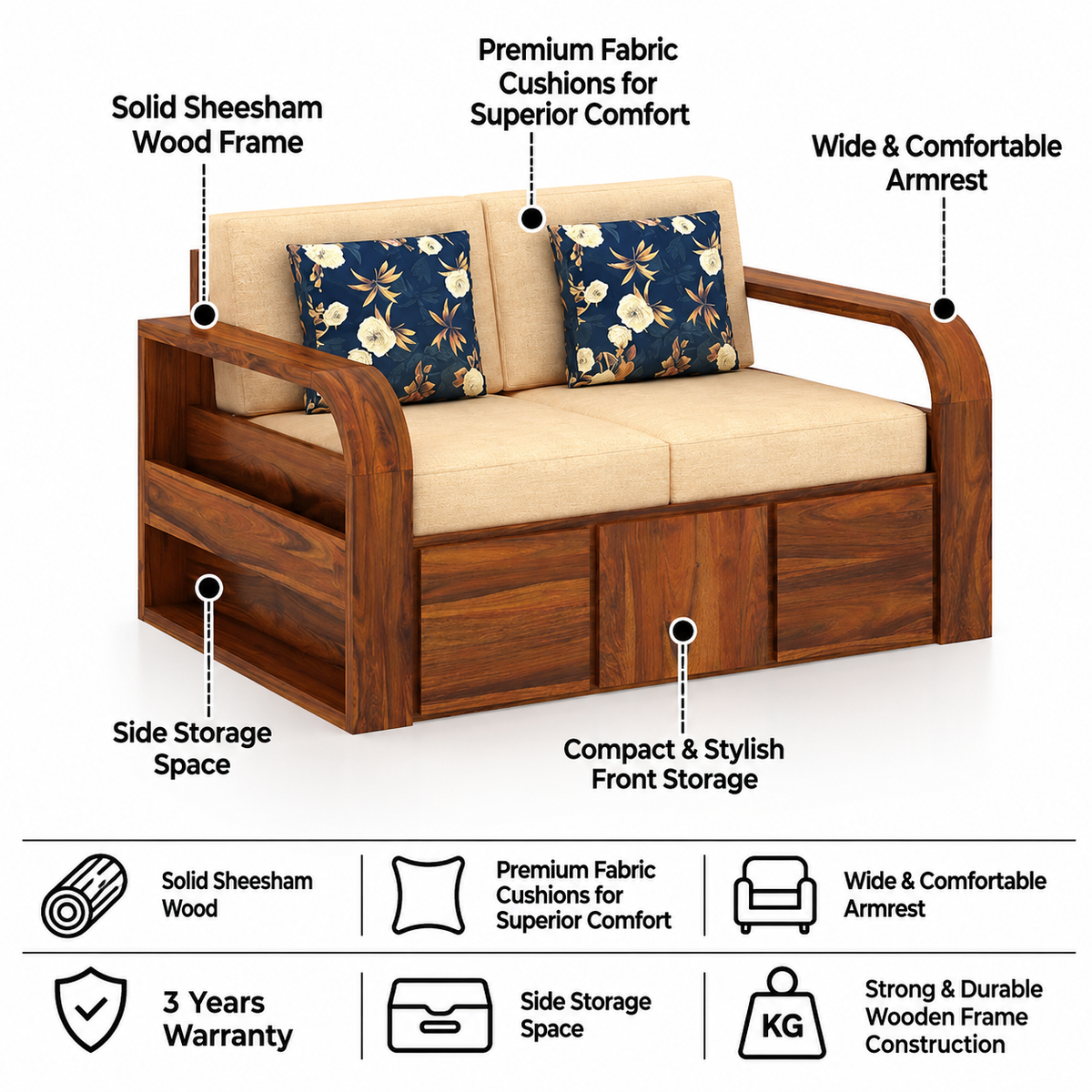 Scott Solid Sheesham Wood Two Seater Sofa - 3 Years Warranty features