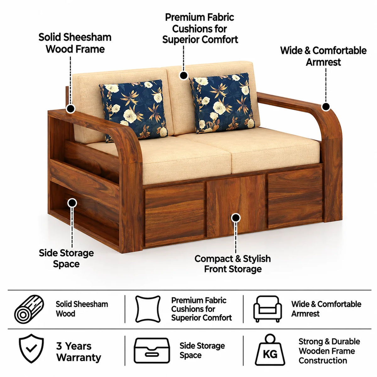 Scott Solid Sheesham Wood Two Seater Sofa - 3 Years Warranty