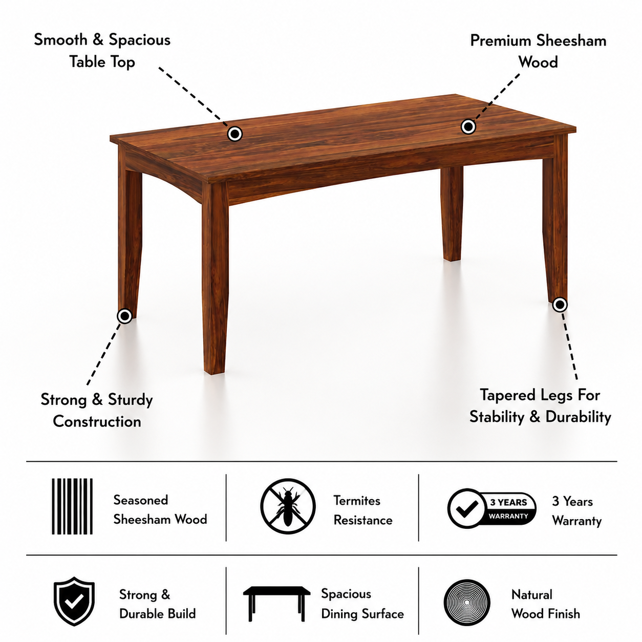 Swiss Solid Sheesham Wood 6 Seater Dining Table Set - 3 Years Warranty features
