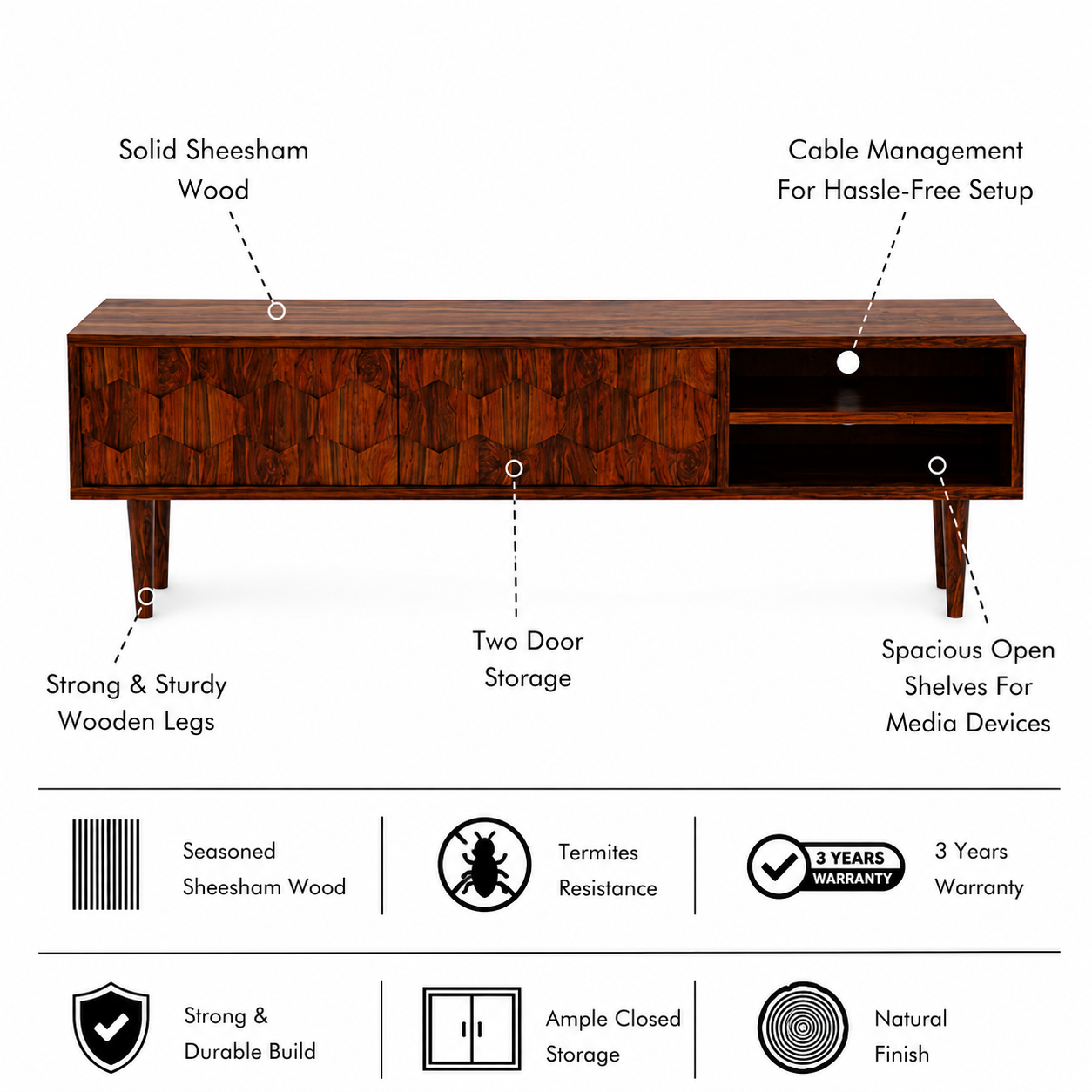 Hexa Solid Sheesham Wood TV Unit - 3 Years Warranty features
