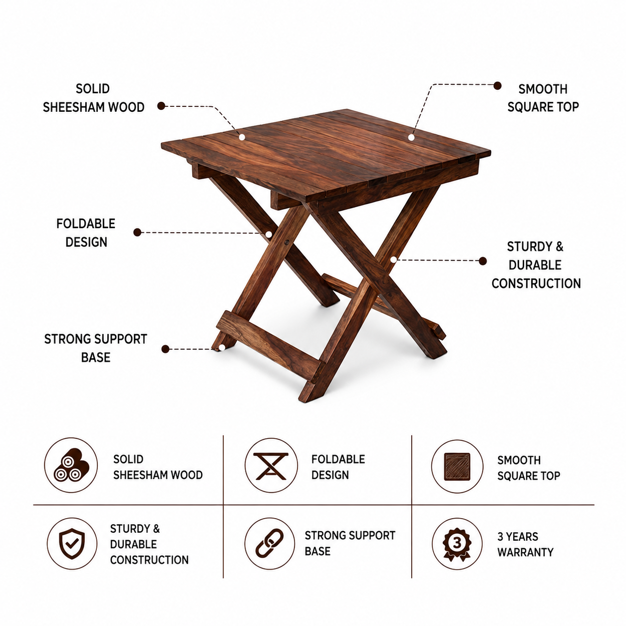 Retro Solid Sheesham Wood Folding Stool - 3 years Warranty features