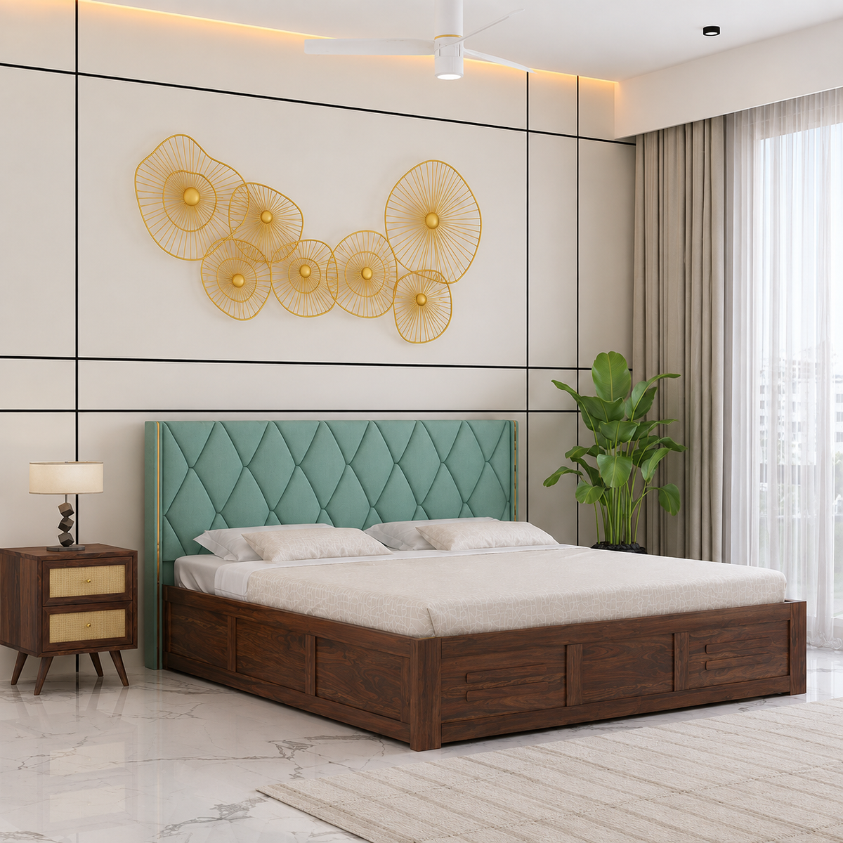 Swiss Solid Sheesham Wood Bed With Box Storage & Eifle Style Upholstered Headboard-3 years Warranty(LUXE EDITION)