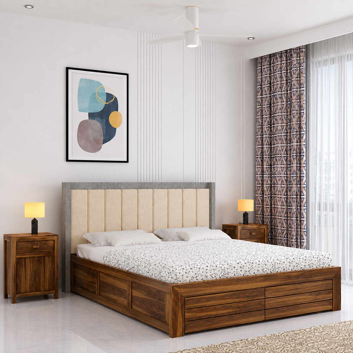 Hynes Solid Sheesham Wood Bed With Box Storage & Upholstered Headboard-3 years Warranty(Luxe Edition)