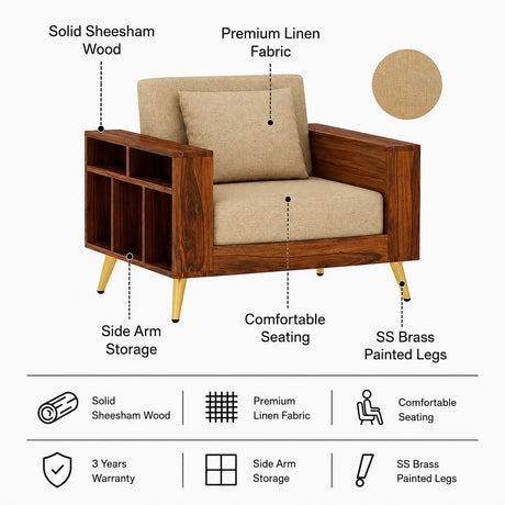 Bolt Solid Sheesham Wood Single Seater Sofa With Side Storage - 3 Year Warranty (LUXE EDITION)