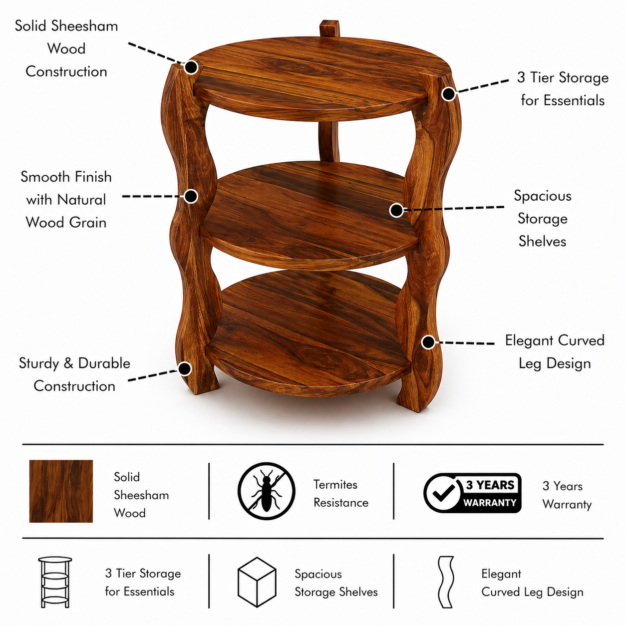 Crew Solid Sheesham Wood Bedside Table - 3 Years Warranty features
