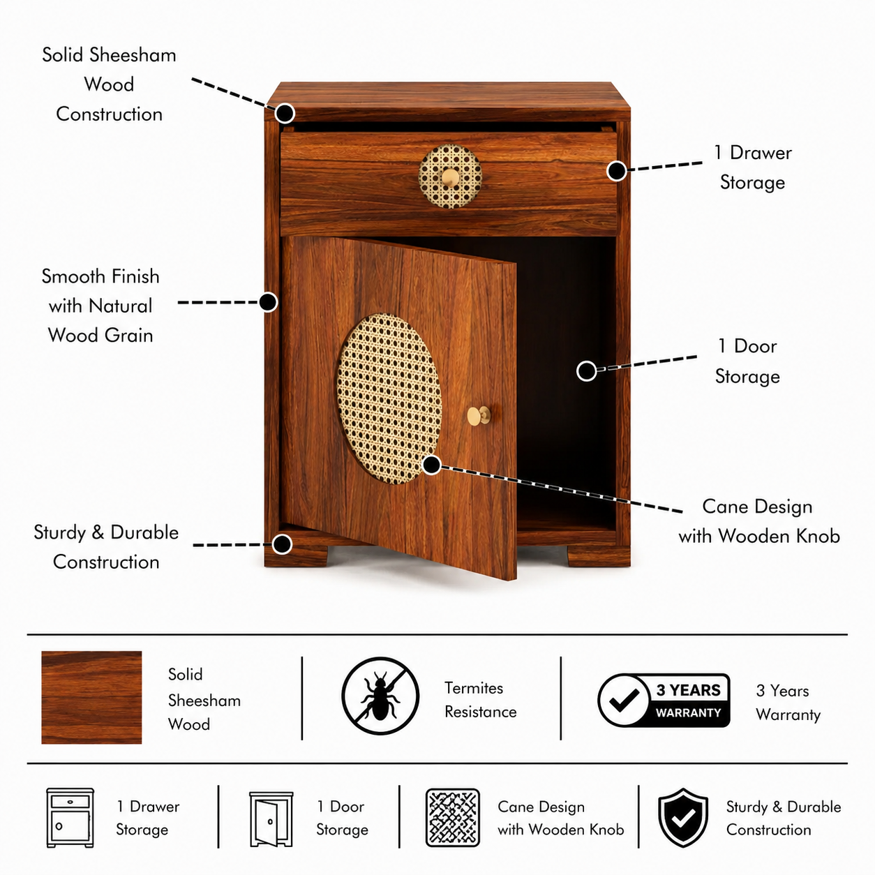 Cosmos Cane Solid Sheesham Wood Bedside With Drawer and Door Storage - 3 years Warranty features