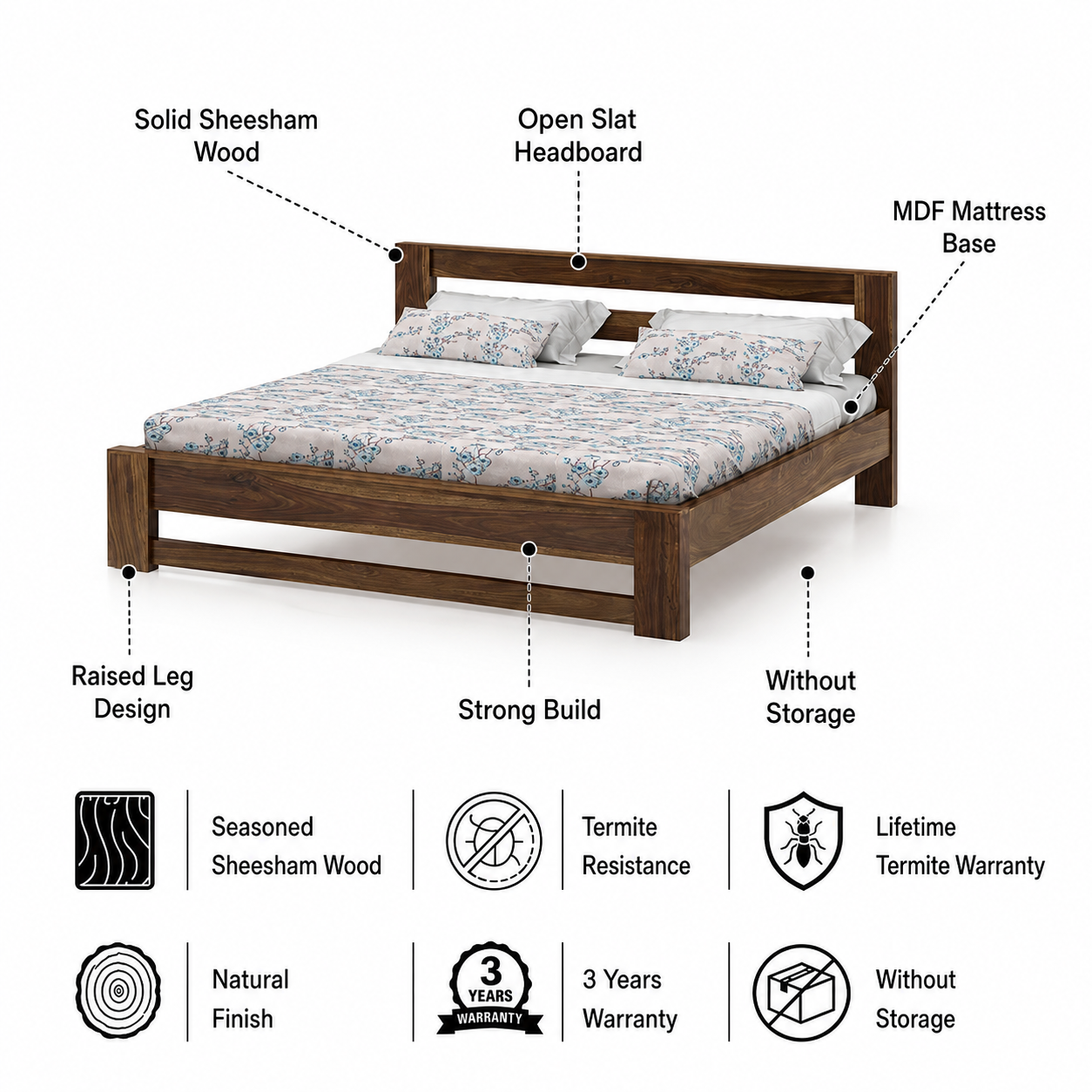 Foster Solid Sheesham Wood Bed Without Storage - 3 Years Warranty features
