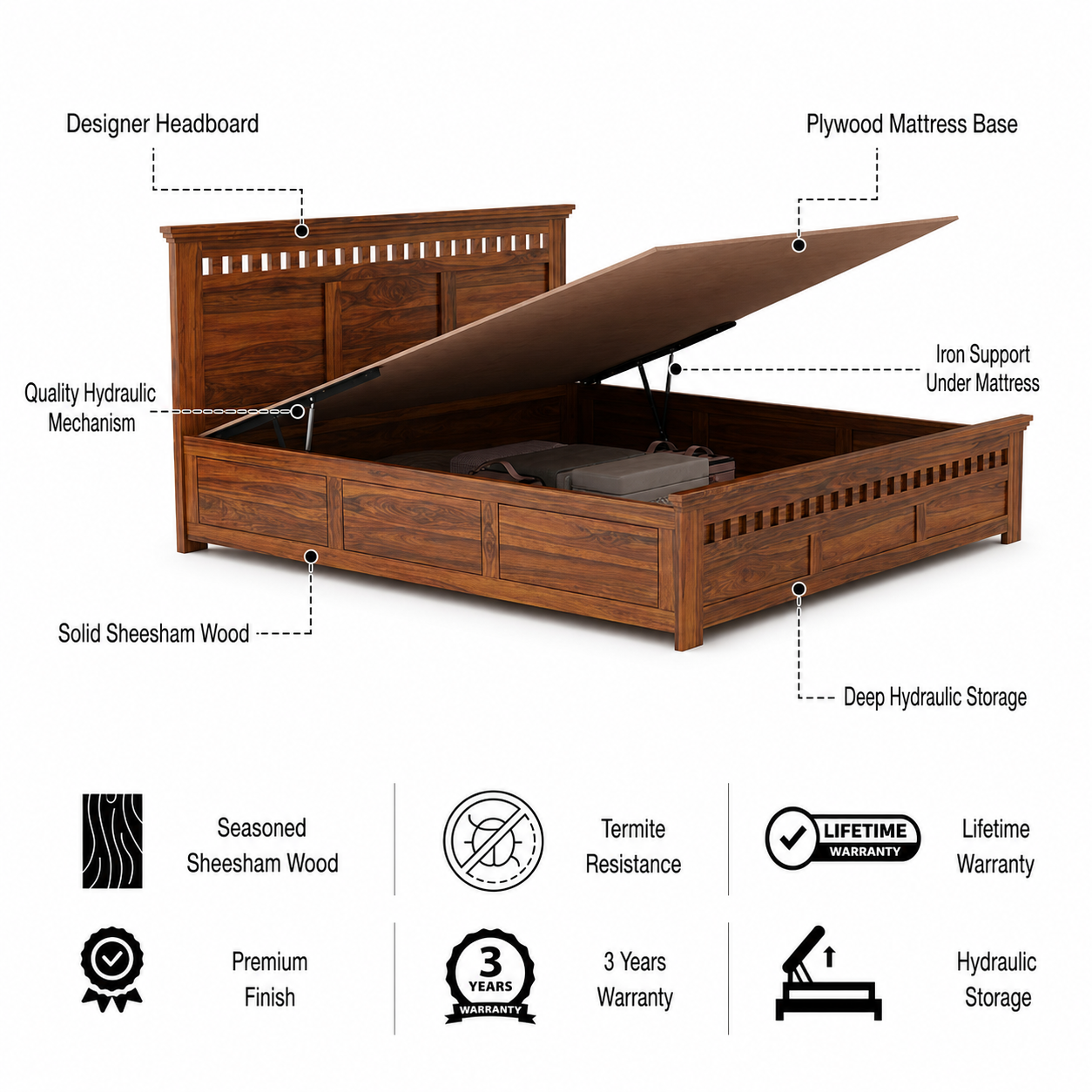 Armania Solid Sheesham Wood Hydraulic Storage Bed - 3 Years Warranty features