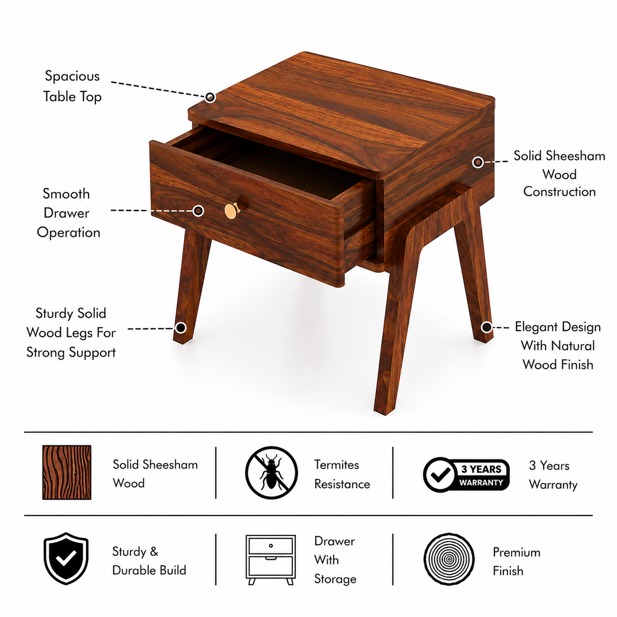 Lyon Solid Sheesham Wood Bedside Table With One Drawer - 3 Years Warranty features