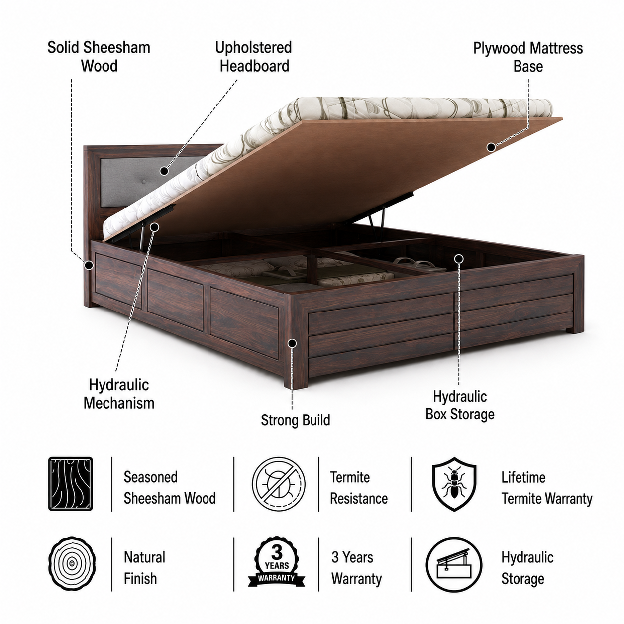 Euro Solid Sheesham Wood Bed with Hydraulic Storage and Upholstery Headboard - 3 Years Warranty features