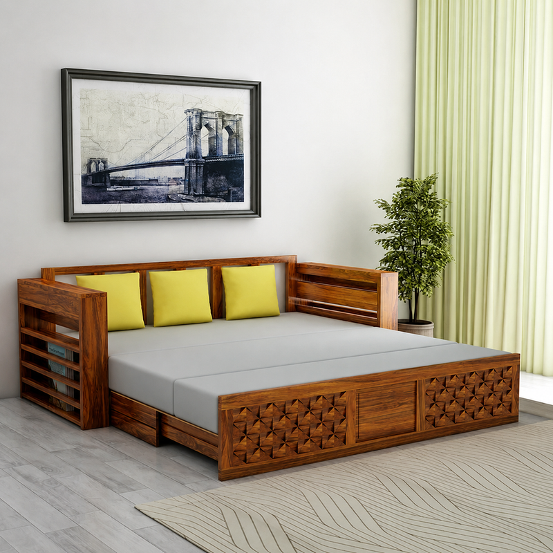 Raj Solid Sheesham Wood 3 Seater Sofa Cum Bed with Mini Storage and Side Pockets - 3 Years Warranty
