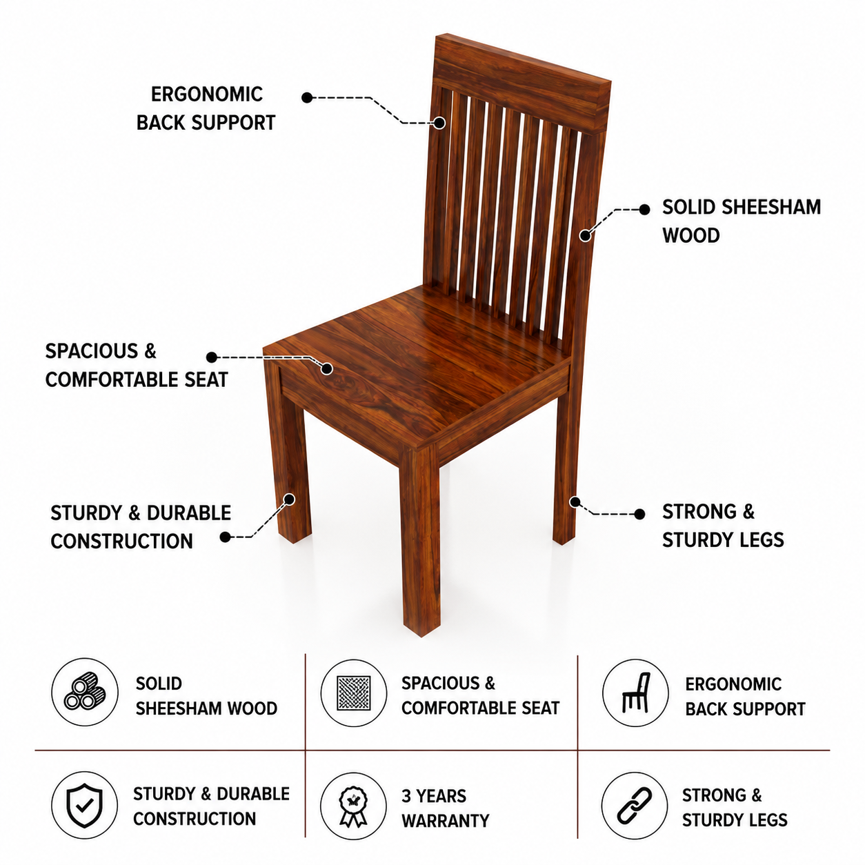 Latin Solid Sheesham Wood Dining Chair - 3 Years Warranty features