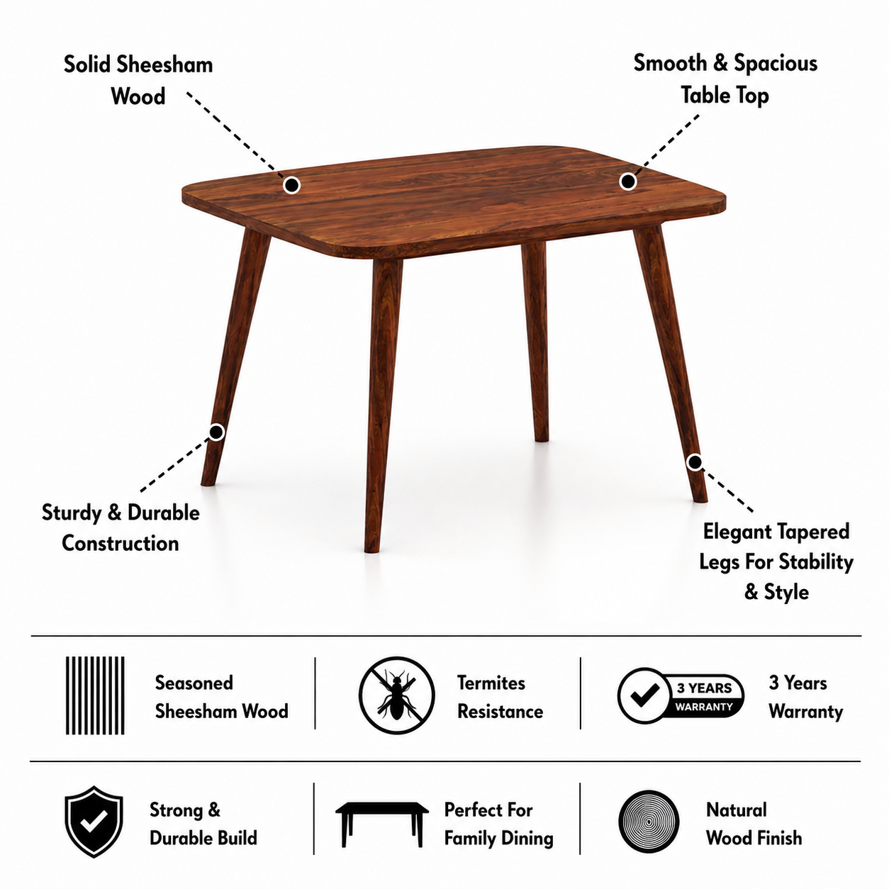 Oval Solid Sheesham Wood 4 Seater Dining Table Set - 3 Years Warranty features