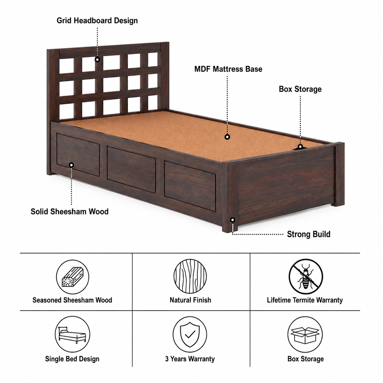 Simons Solid Sheesham Wood Single Bed With Box Storage - 3 Years Warranty features