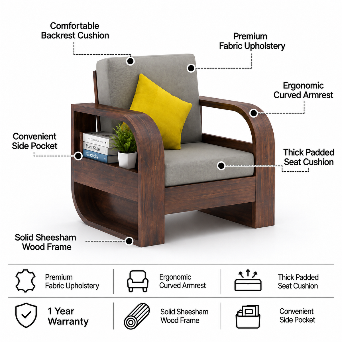Crew Solid Sheesham Wood Single Seater Sofa With Side Pocket - 3 Years Warranty features