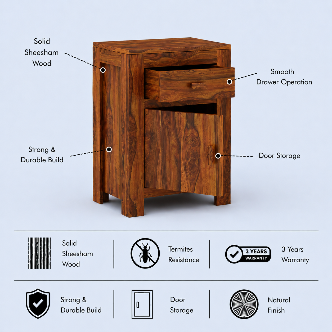 Akon Solid Sheesham Wood Bedside With Drawer and Door Storage - 3 Years Warranty features