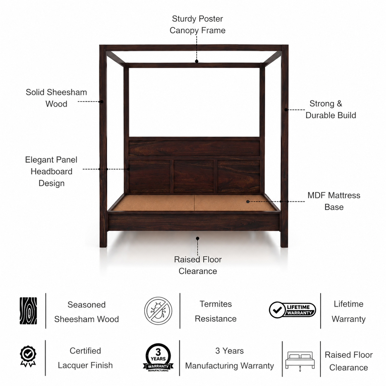 Rayon Grand Poster Solid Sheesham Wood Bed - 3 Years Warranty features