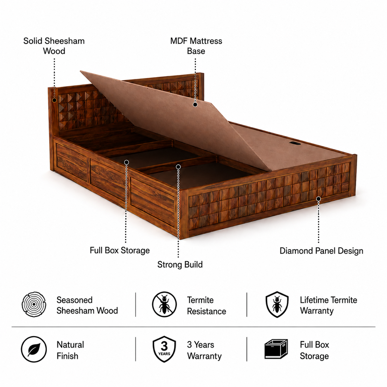 Oslo Diamond Solid Sheesham Wood Full Box Storage Bed - 3 Years Warranty features