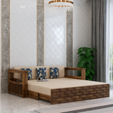 Italian Solid Sheesham Wood 3 Seater Sofa Cum Bed With Side Pockets and Fabric at Back- 3 years Warranty