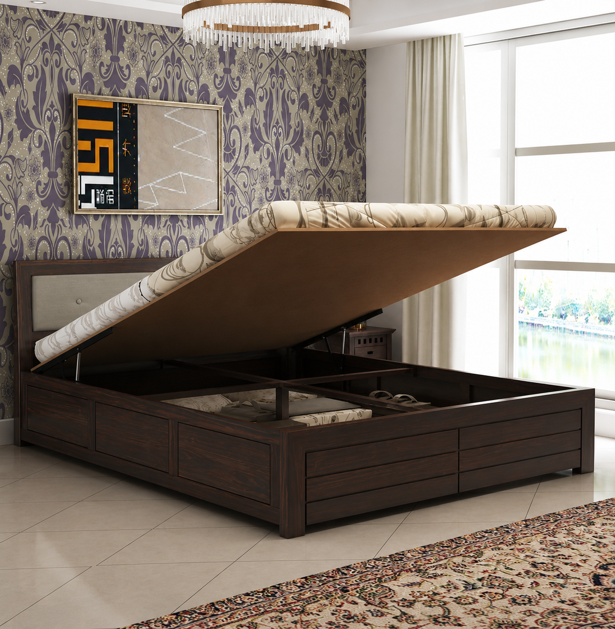 Euro Solid Sheesham Wood Bed with Hydraulic Storage and Upholstery Headboard - 3 Years Warranty