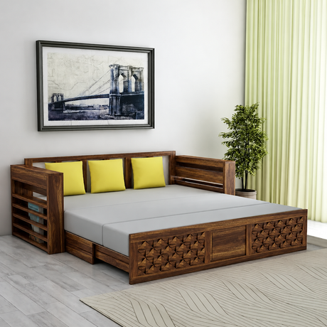 Raj Solid Sheesham Wood 3 Seater Sofa Cum Bed with Mini Storage and Side Pockets - 3 Years Warranty