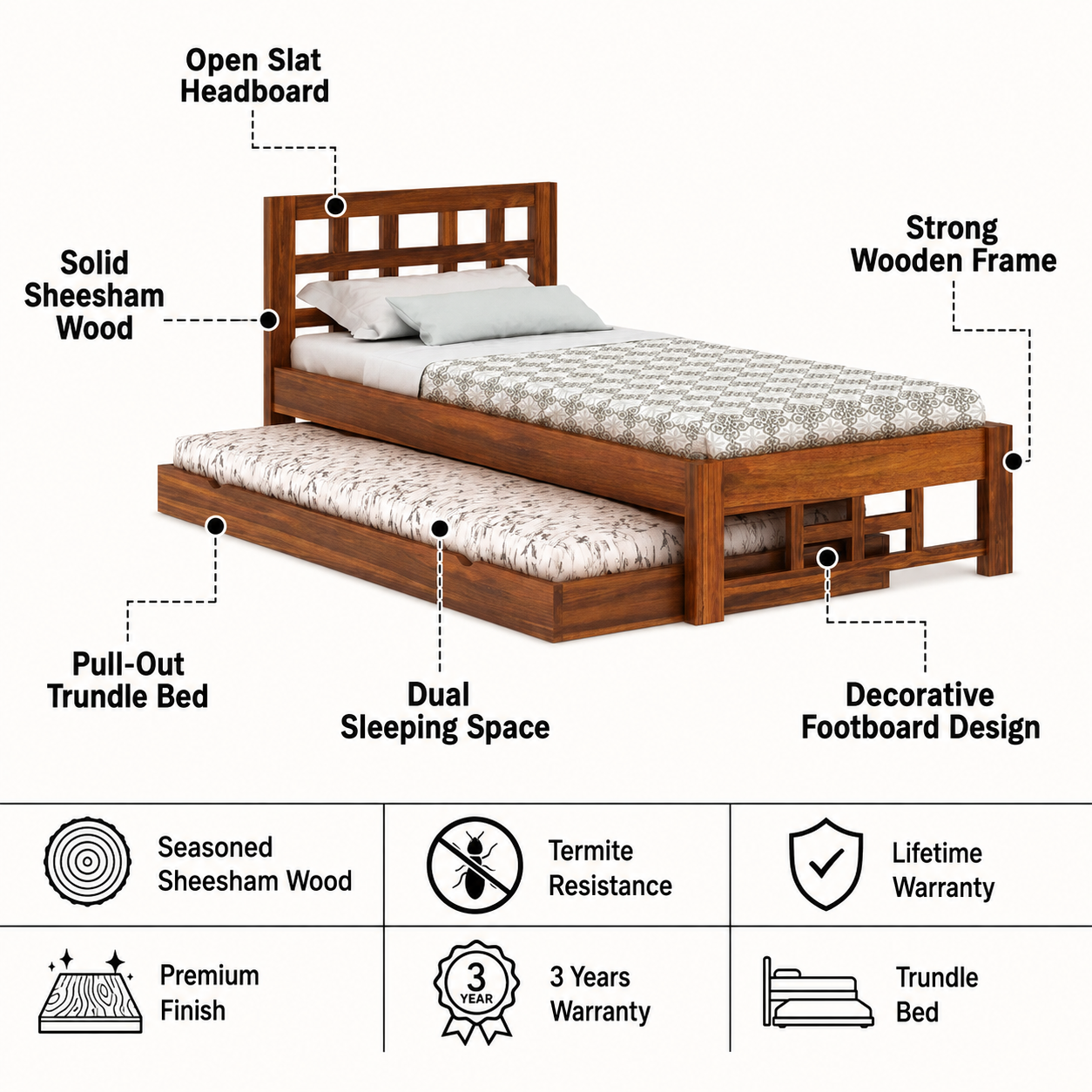 Simons Solid Sheesham Wood Single Trundle Bed - 3 Years Warranty features