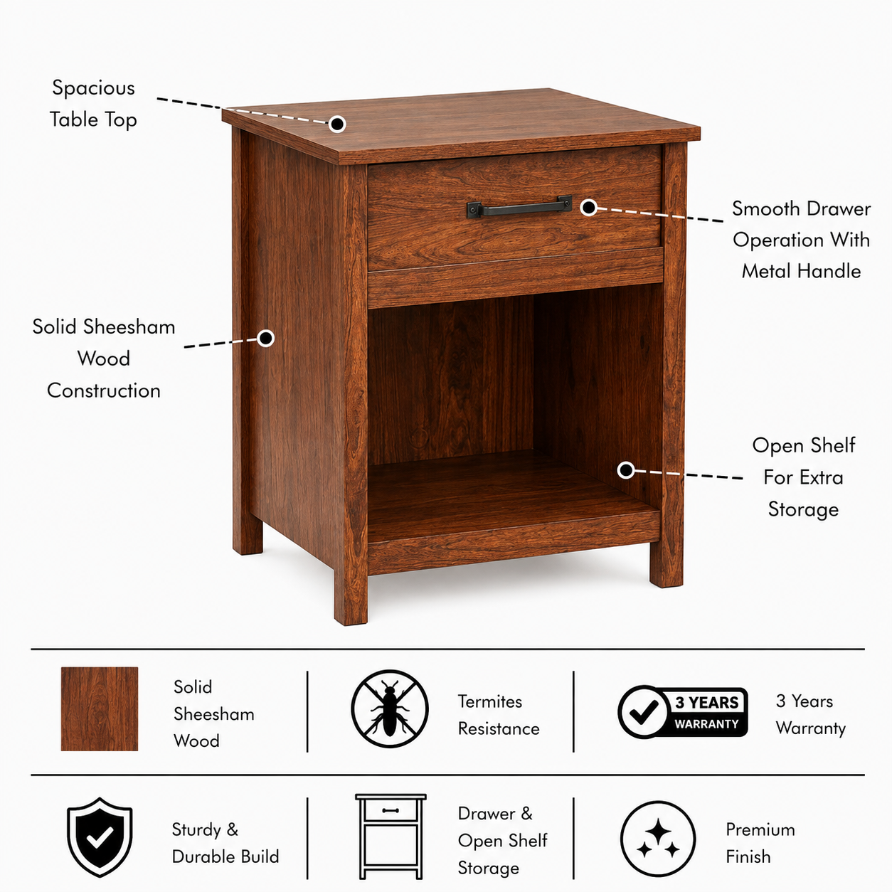 Corbin Solid Sheesham Wood Bedside Table With One Drawer Storage - 3 Year Warranty features