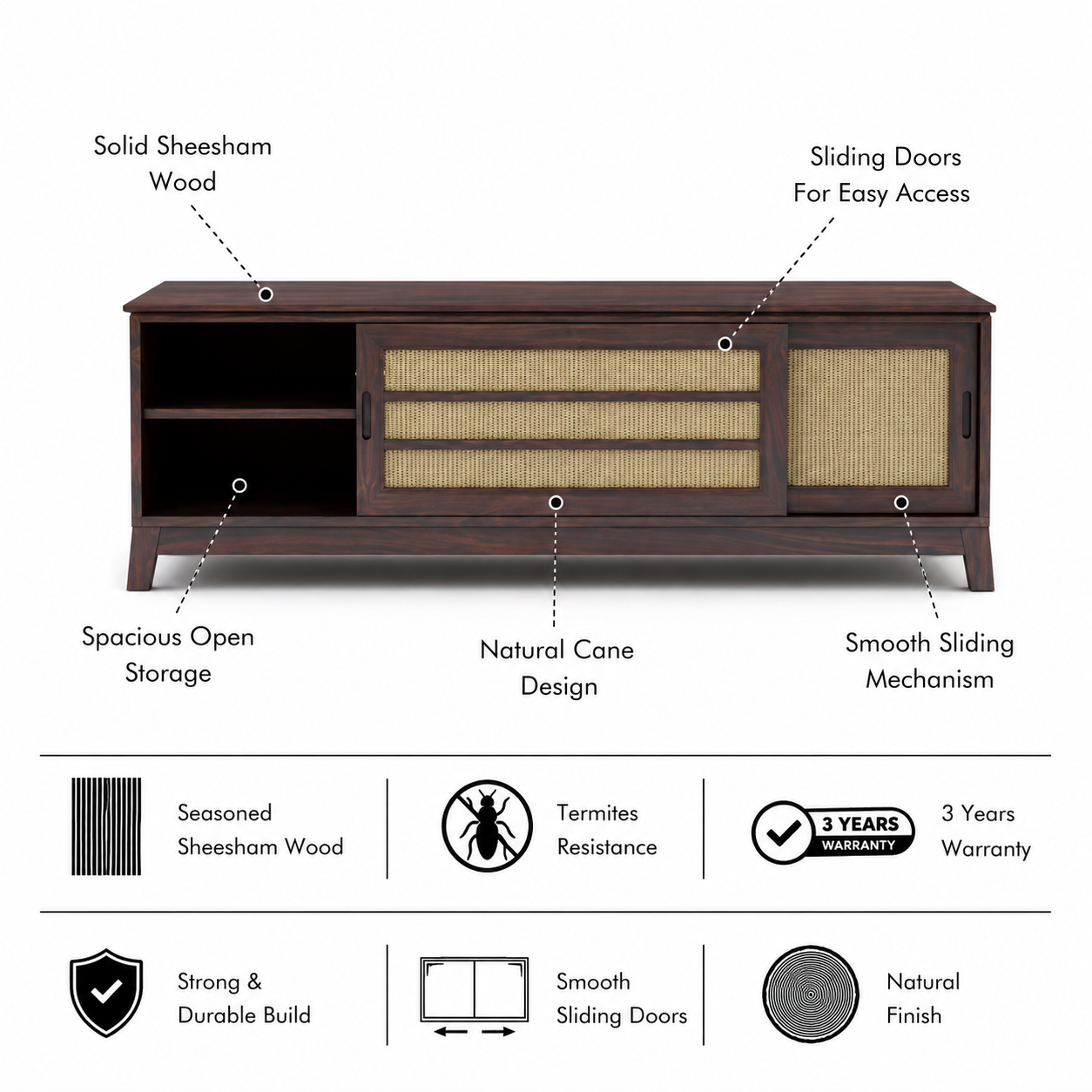 Cosmos Solid Sheesham Wood TV Unit Cane With Sliding Doors - 3 Years Warranty features