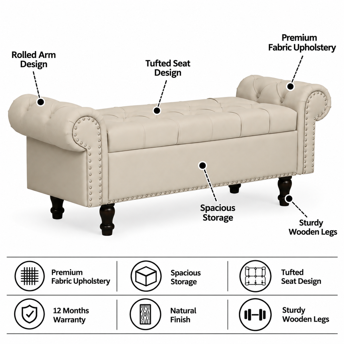 FABRIO Upholstered Ottoman Bench With Storage - 12 Months Warranty - Cream features