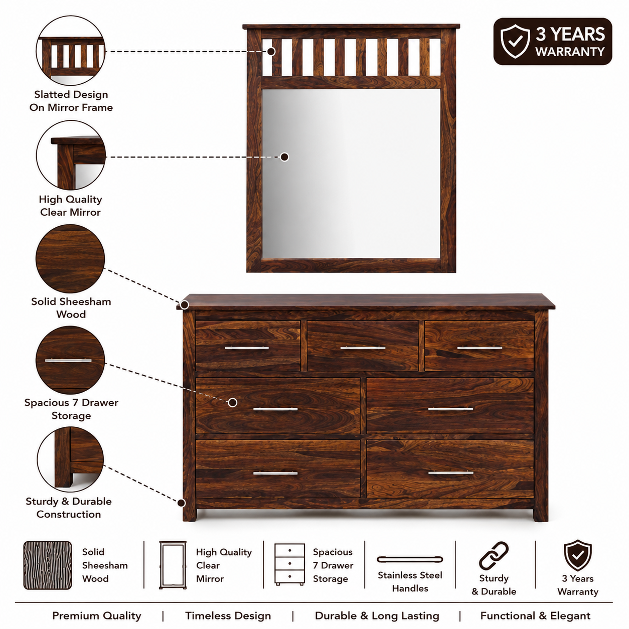 Maharaja Solid Sheesham Wood Dresser with 7 Darwer Storage - 3 Years Warranty features