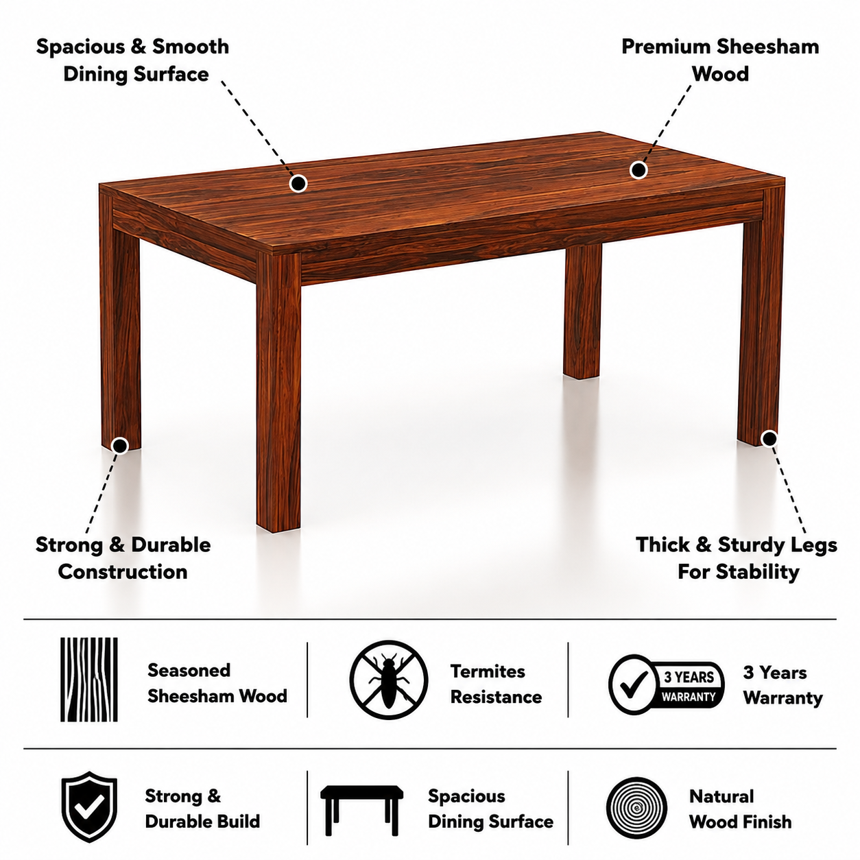 Latin Solid Sheesham Wood 6 Seater Dining Table - 3 Years Warranty features