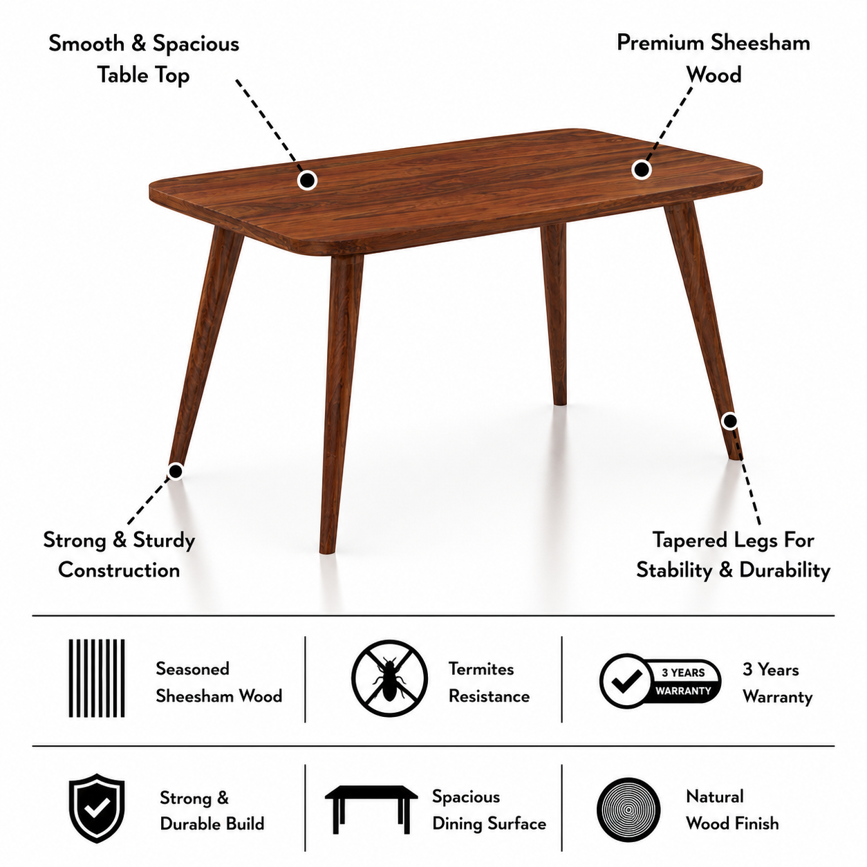 Emporio Solid Sheesham Wood 4 Seater Dining Set - 3 Years Warranty features