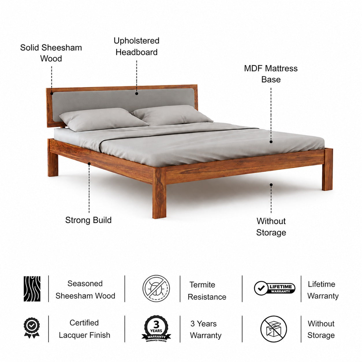 Euro Solid Sheesham Wood Bed With Upholstered Headboard - 3 Years Warranty features