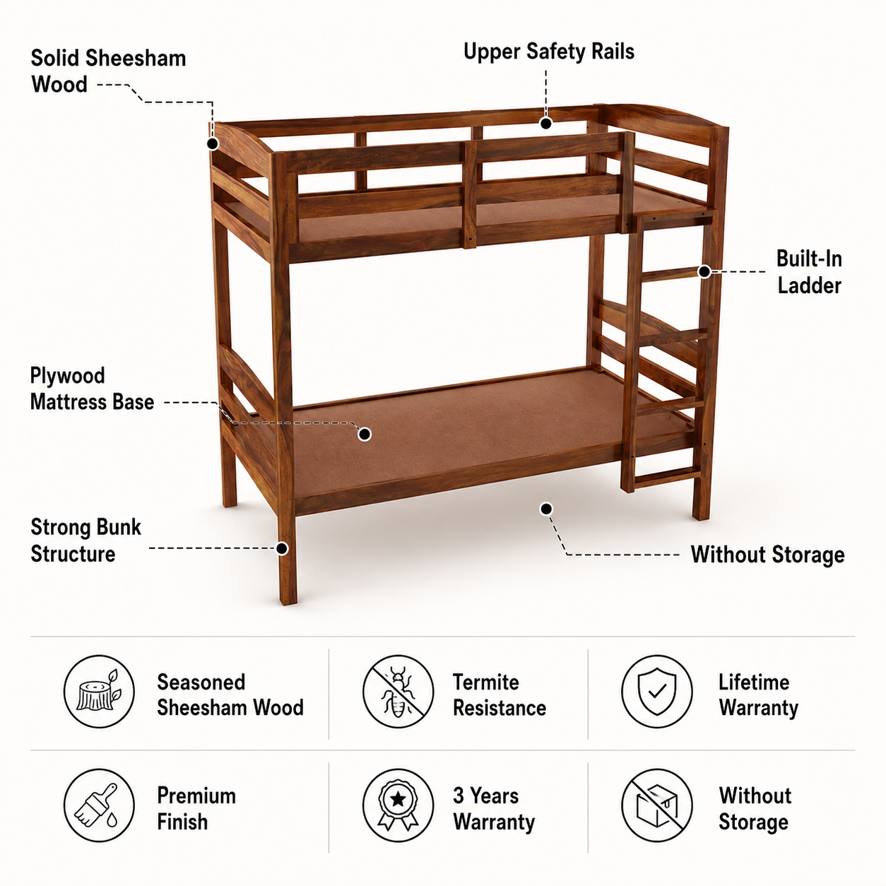 KATY Solid Sheesham Wood Bunk Bed Without Storage - 3 Years Warranty features