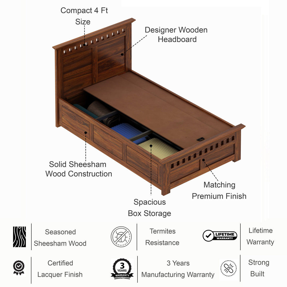 Armania Solid Sheesham Wood 4 Feet Bed With Box Storage - 3 Years Warranty