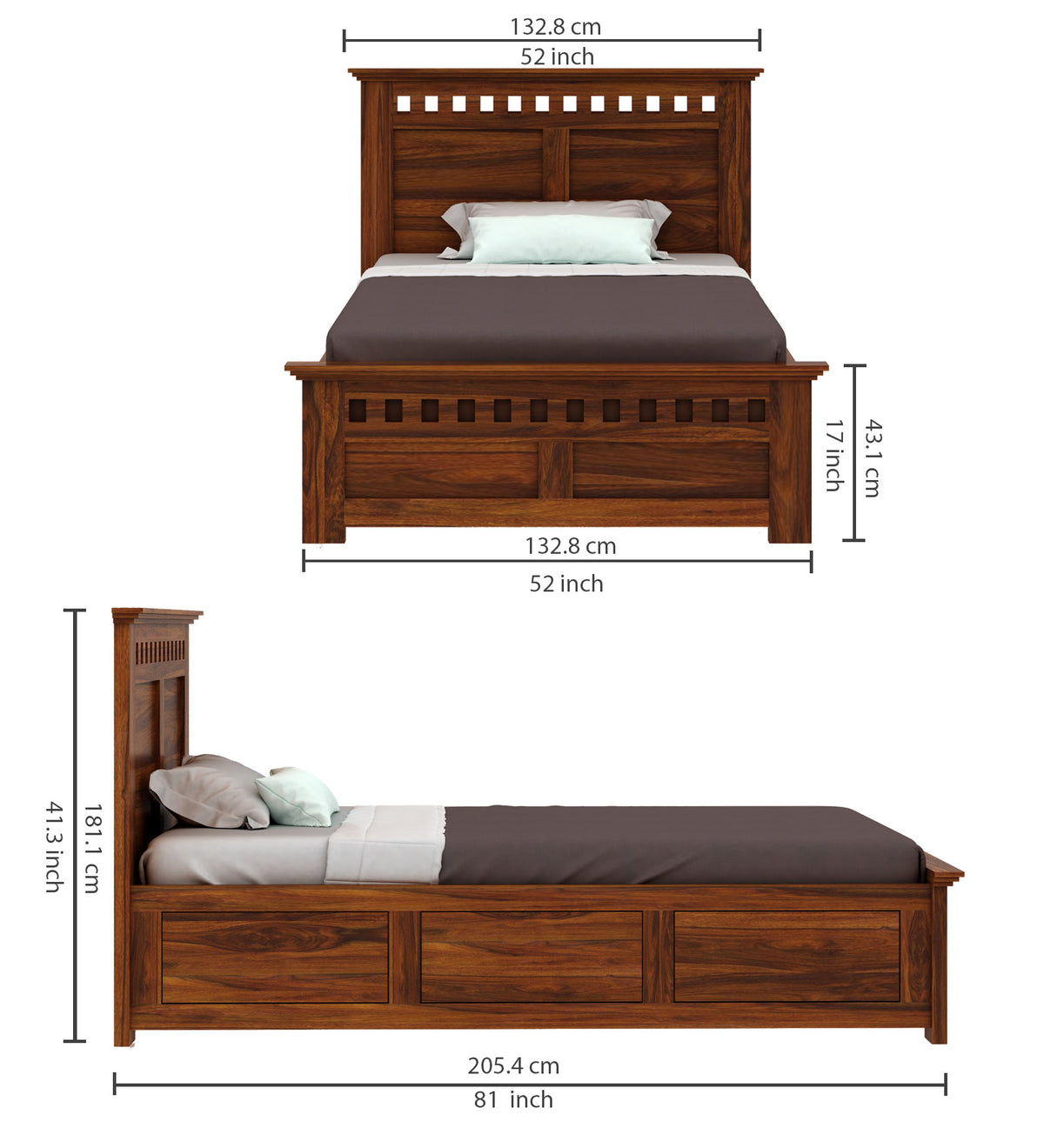 Armania Solid Sheesham Wood 4 Feet Bed With Box Storage - 3 Years Warranty